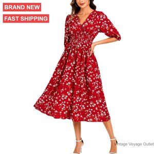 V-Neck 3/4 Sleeve Smocked Waist A-Line Flowy Midi Dress